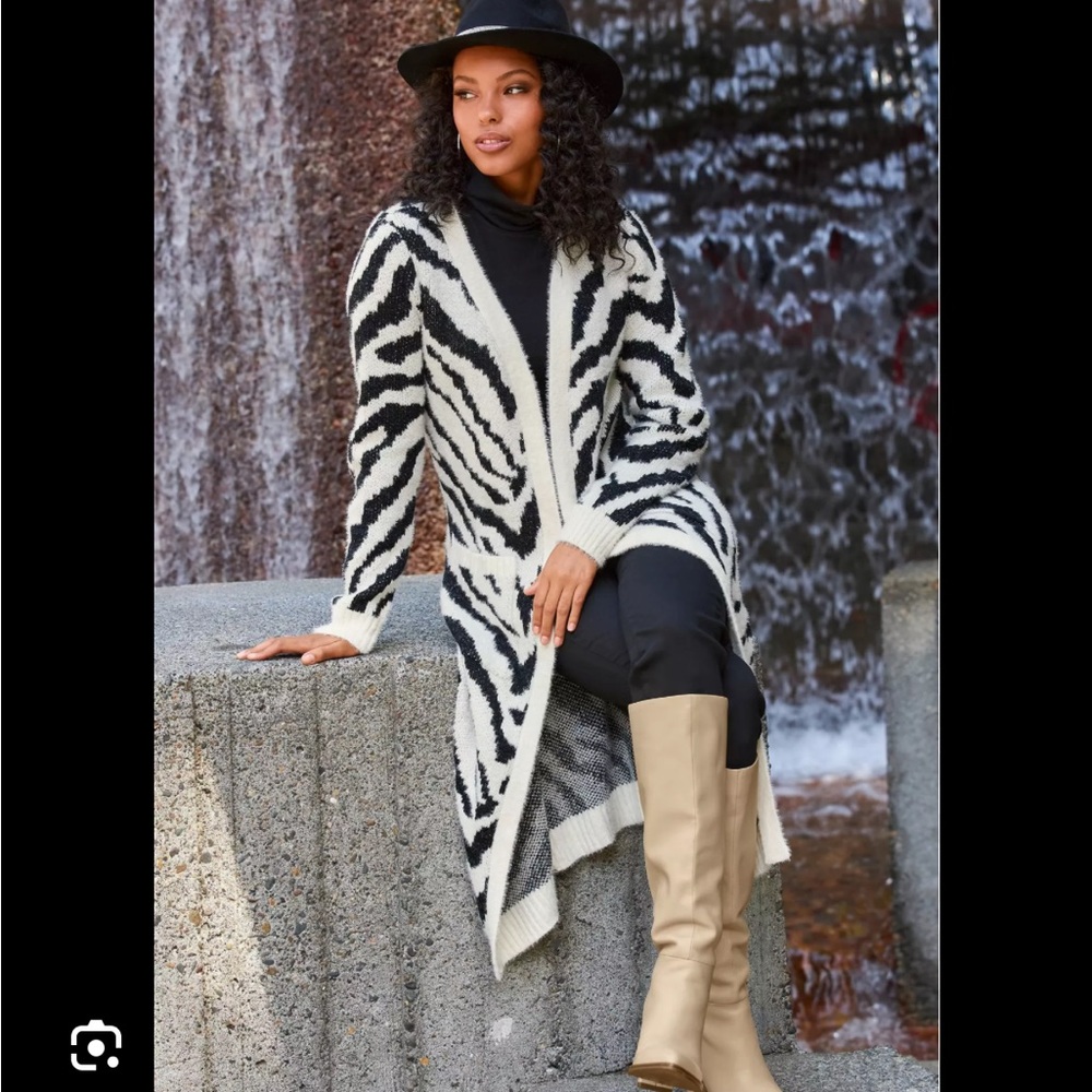 🖤BOSTON PROPER ZEBRA JACQUARD DUSTER/CARDIGAN SWEATER-POCKETS-BLACK/WHITE-M🖤 - Picture 9 of 16